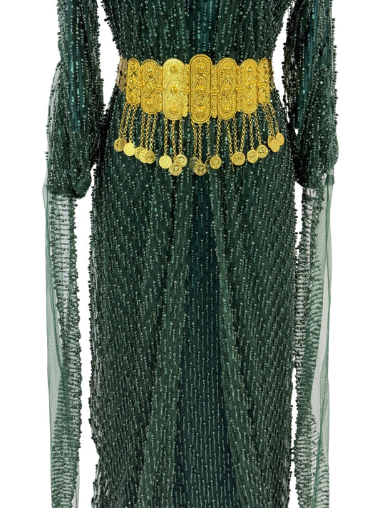 Jilenpiroz Zozan detail kralenwerk op donkergroene Koerdische jurk – close-up zijkant