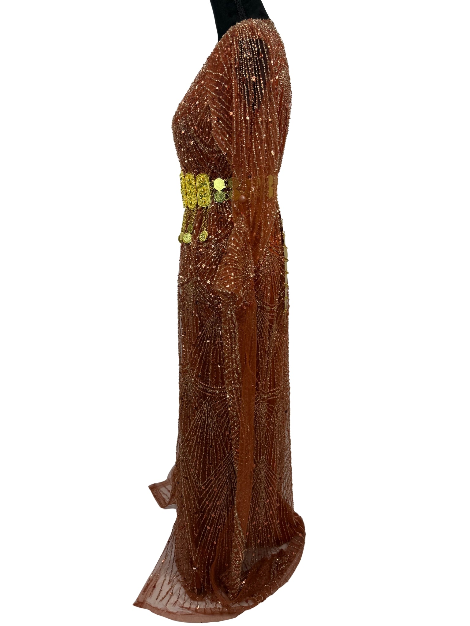 Jilenpiroz Arin Koerdische jurk met elegante mouwen en gouden riem – zijaanzicht