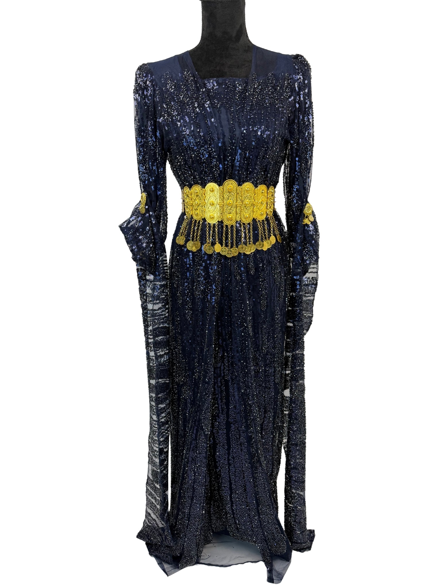 Jilenpiroz Asman donkerblauwe Koerdische jurk met pailletten – voorkant