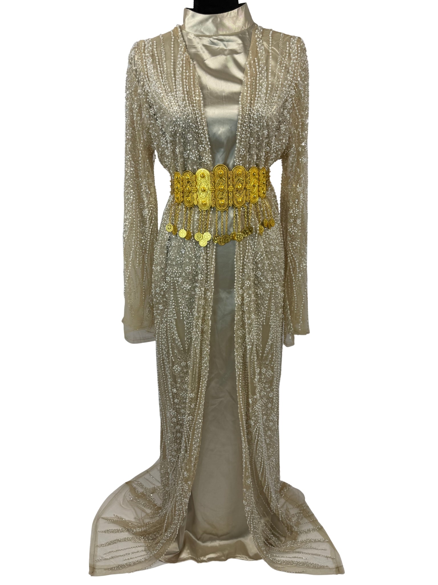 Bej beige Koerdische feestjurk met kralen en pailletten – voorkant