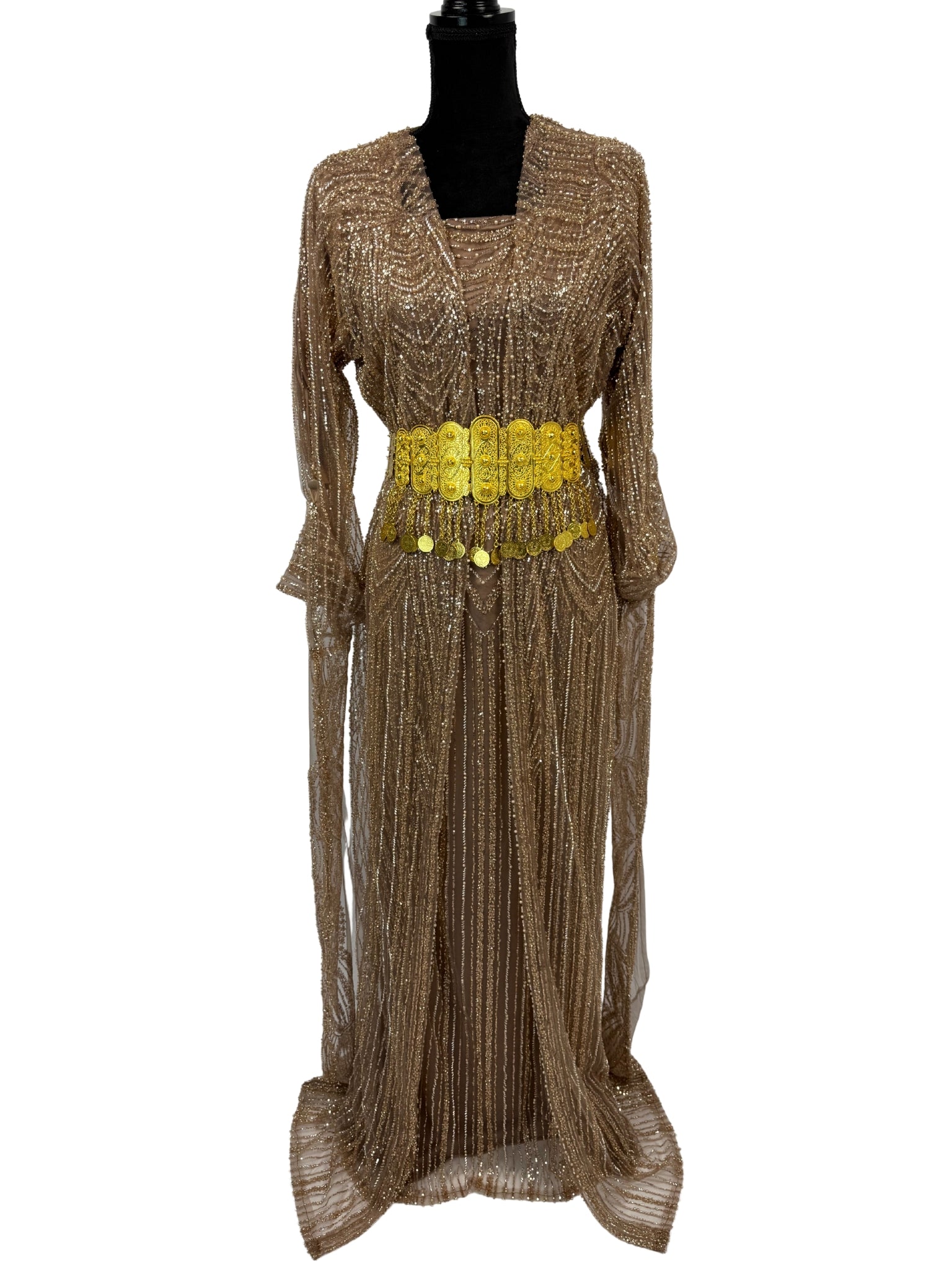 Jilenpiroz Dara goudbronzen Koerdische jurk met kralen en gouden riem – voorkant