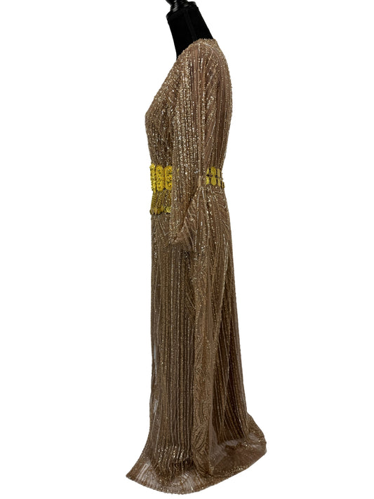 Jilenpiroz Dara feestjurk goudbrons met lange mouwen – zijaanzicht