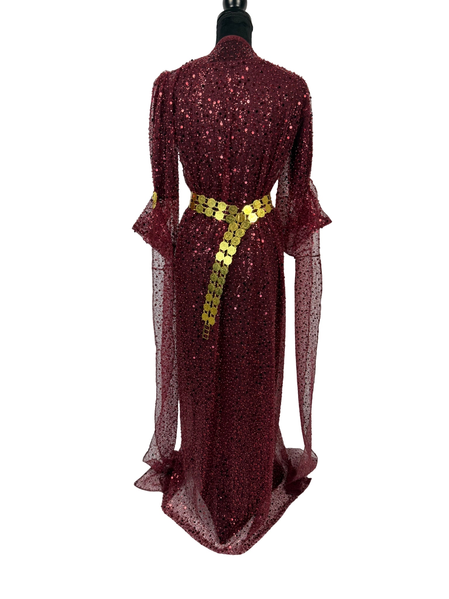 Jilenpiroz Hinar feestjurk – zijkant met lange mouw en sprankelende afwerking