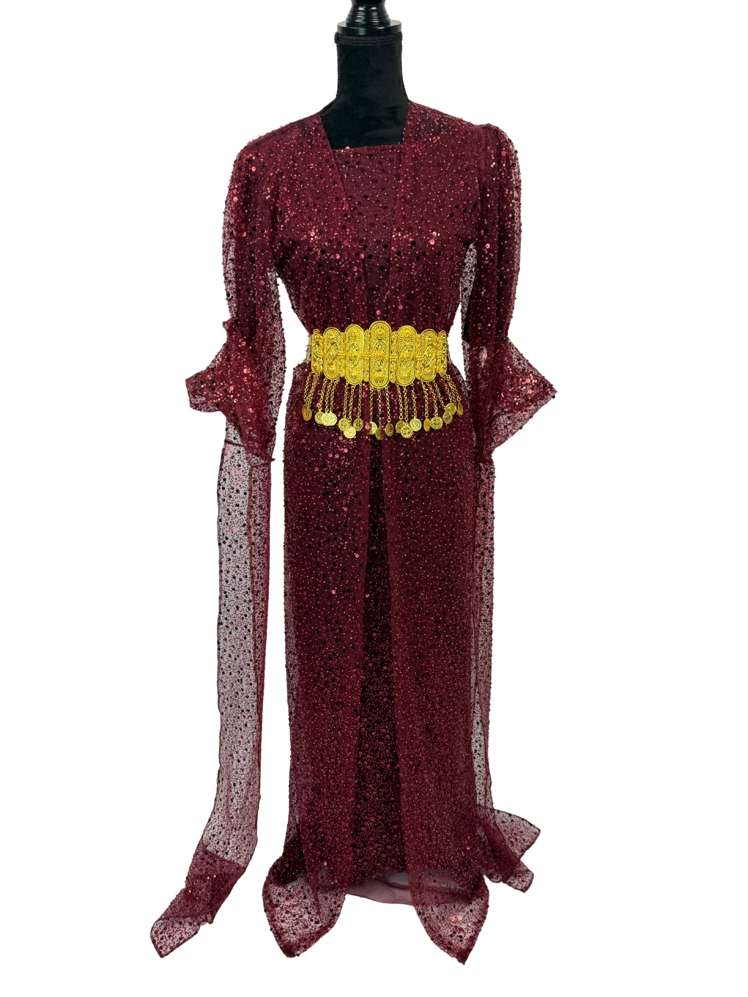 Jilenpiroz Hinar bordeaux Koerdische jurk met all-over pailletten – voorkant