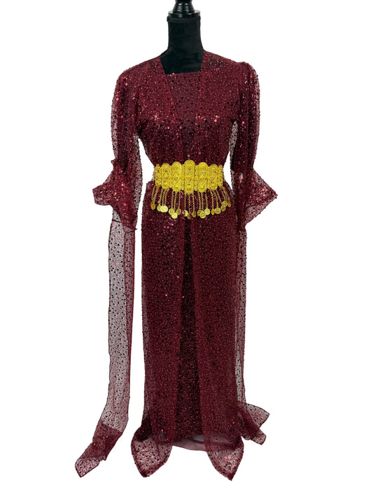 Jilenpiroz Hinar bordeaux Koerdische jurk met all-over pailletten – voorkant