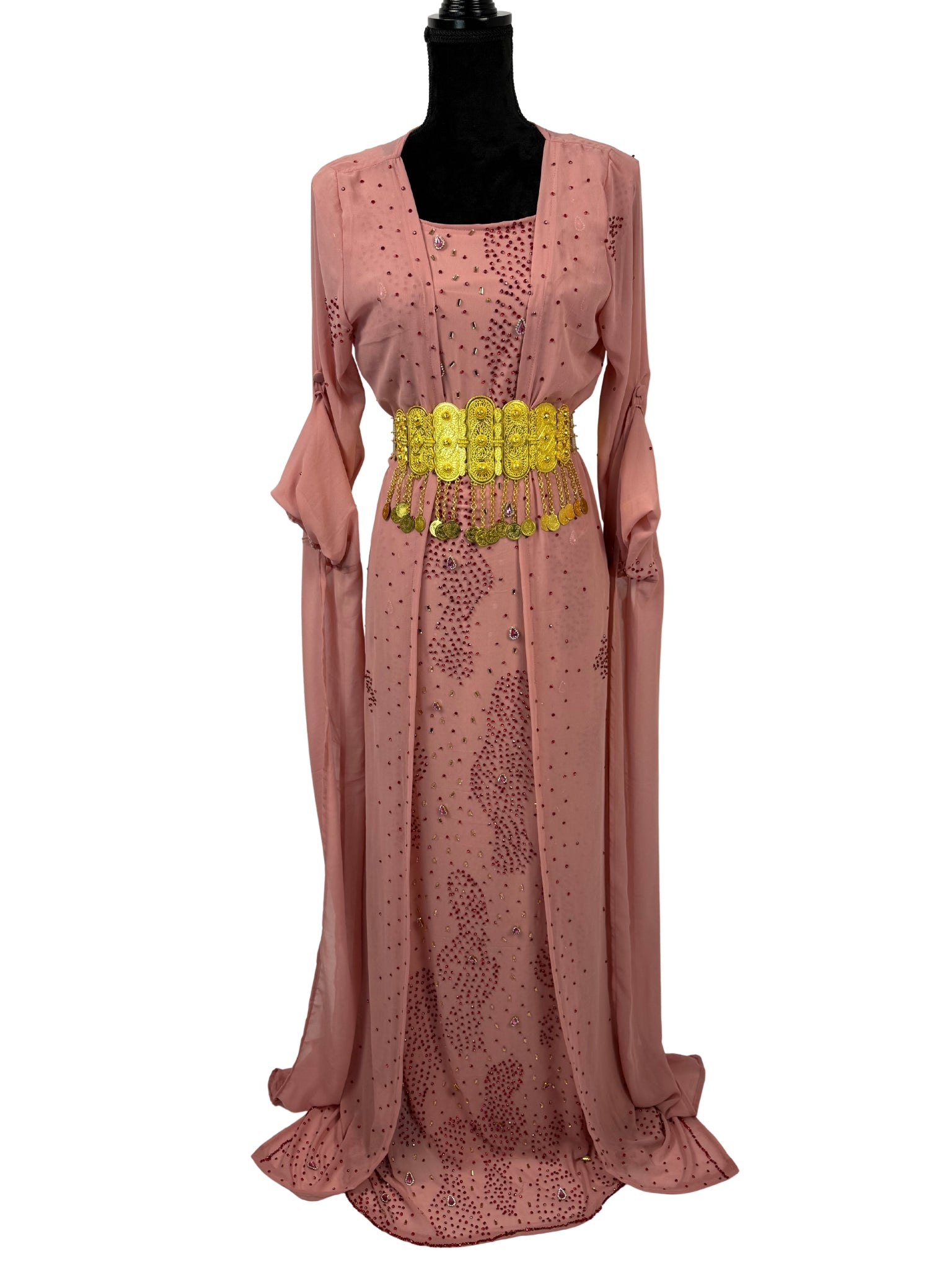 Jilenpiroz Lale oudroze Koerdische jurk met strassdetails en gouden riem – voorkant