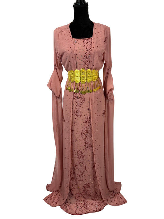Jilenpiroz Lale oudroze Koerdische jurk met strassdetails en gouden riem – voorkant