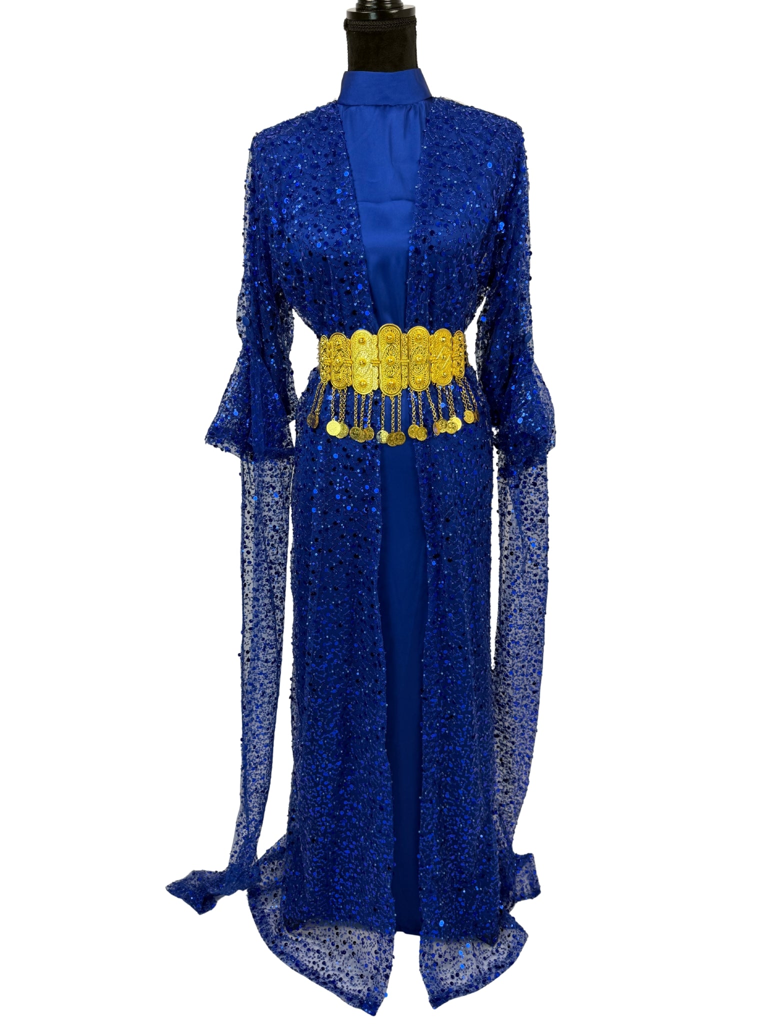 Jilenpiroz Lazur lazurblauwe Koerdische feestjurk met pailletten – voorkant