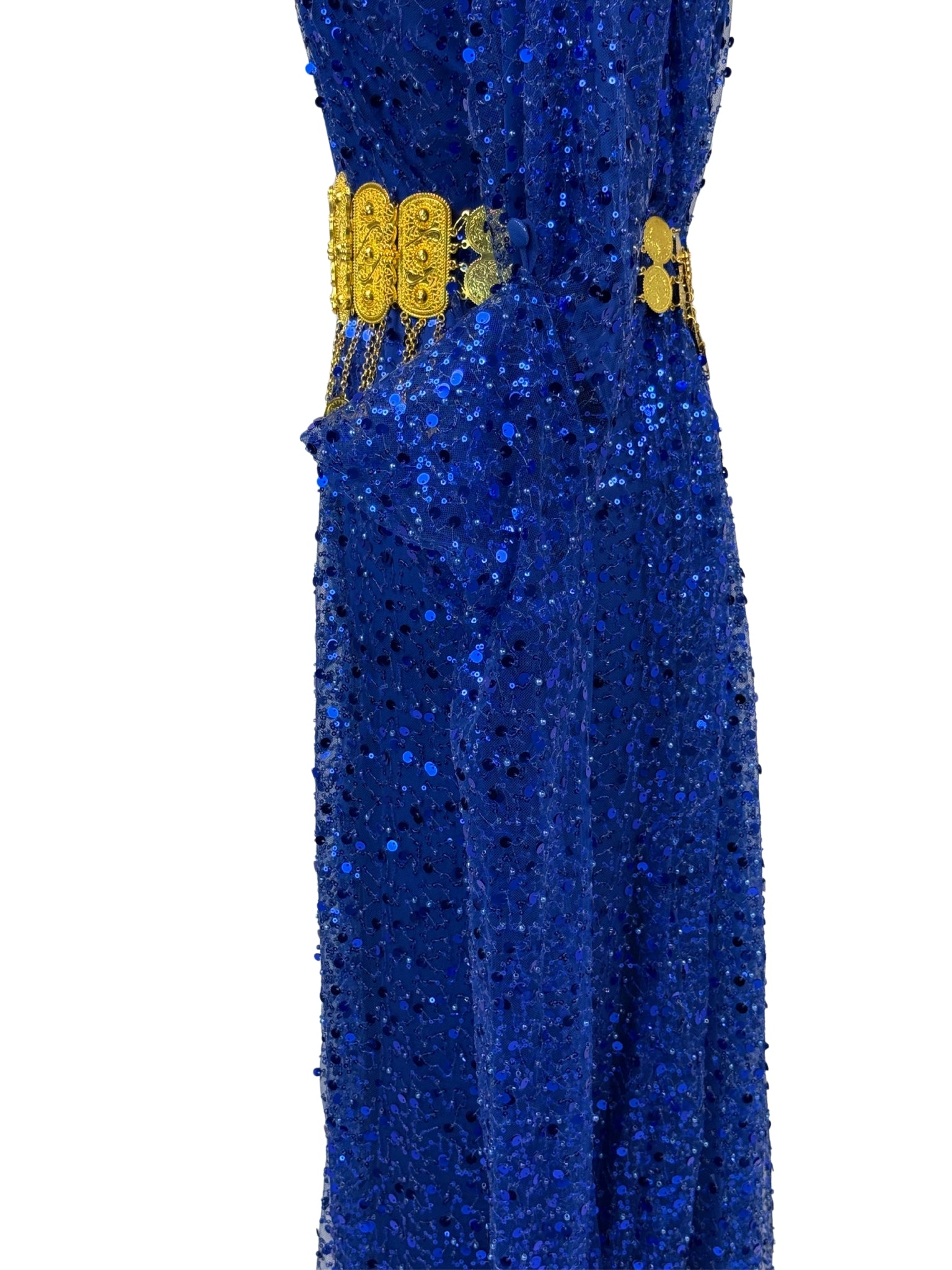 Detail pailletten Jilenpiroz Lazur lazurblauwe feestjurk – close-up