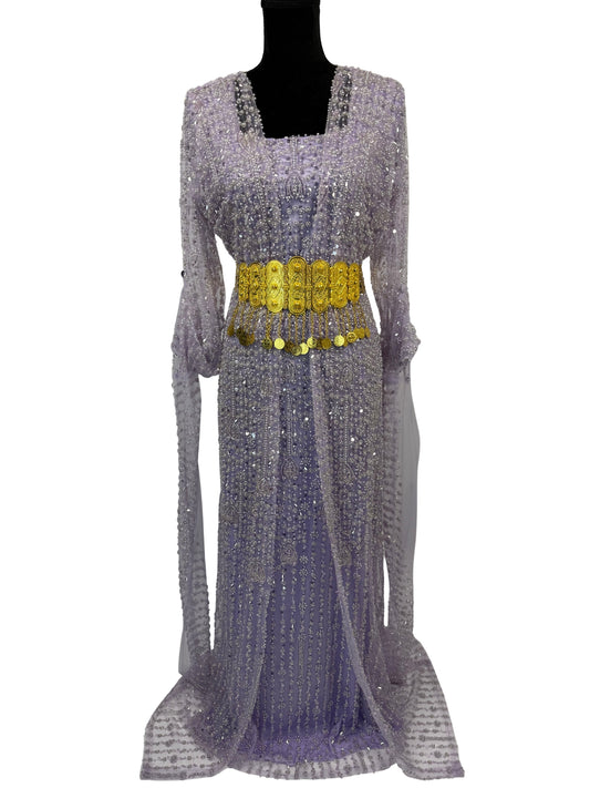 Jilenpiroz Milave lila Koerdische feestjurk met zilverglans kralen – voorkant