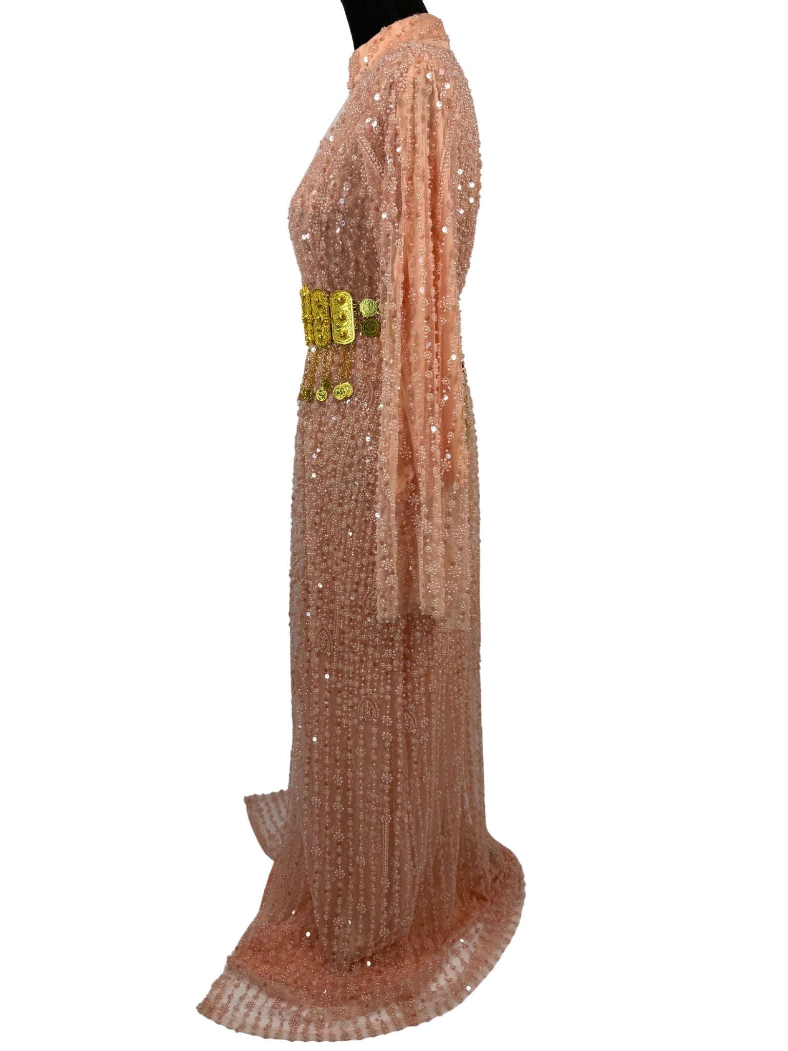 Jilenpiroz Naz zalmroze jurk – zijkant met lange mouwen en glans