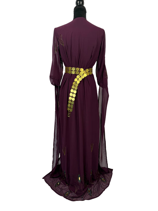 Jilenpiroz Newroz paarse Koerdische jurk met lange rok en verstelbaar koord – achterkant