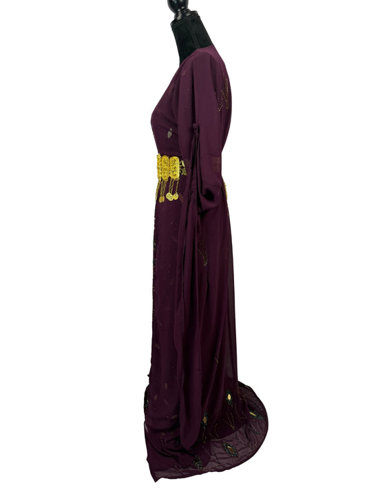 Jilenpiroz Newroz paarse feestjurk met lange vloeiende mouwen – zijaanzicht