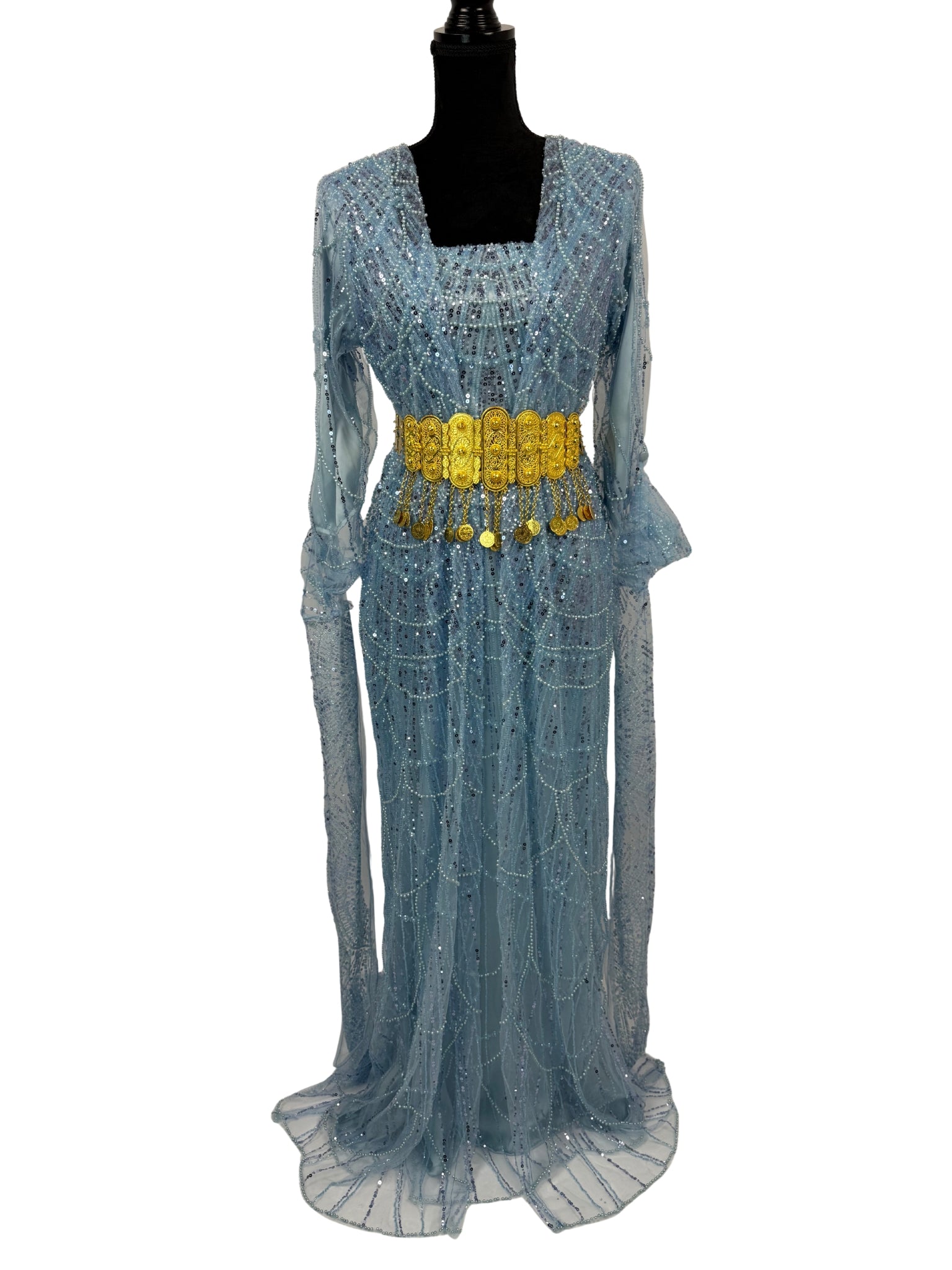 Jilenpiroz Okyanus oceaanblauwe Koerdische feestjurk met kraal-details en optionele gouden riem – voorkant