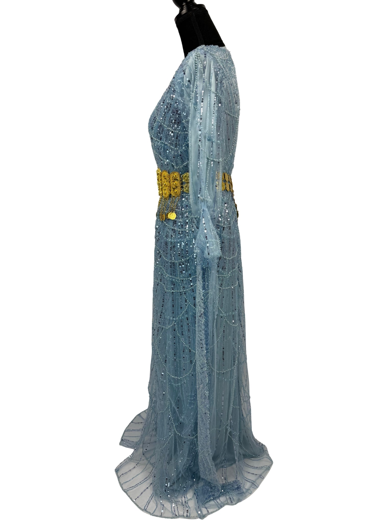 Jilenpiroz Okyanus oceaanblauwe feestjurk met glinsterend patroon en elegante mouwen – zijkant