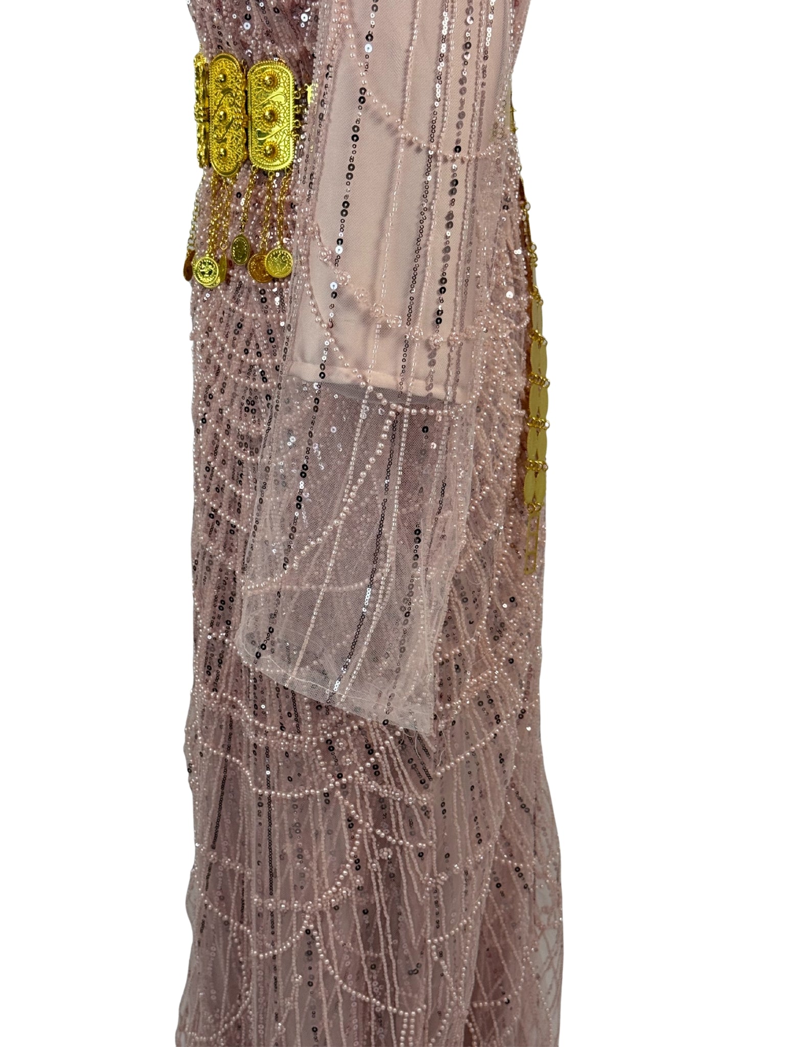 Jilenpiroz Roza – close-up van lichtroze kralen/pailletten patroon en taille/riemdetail