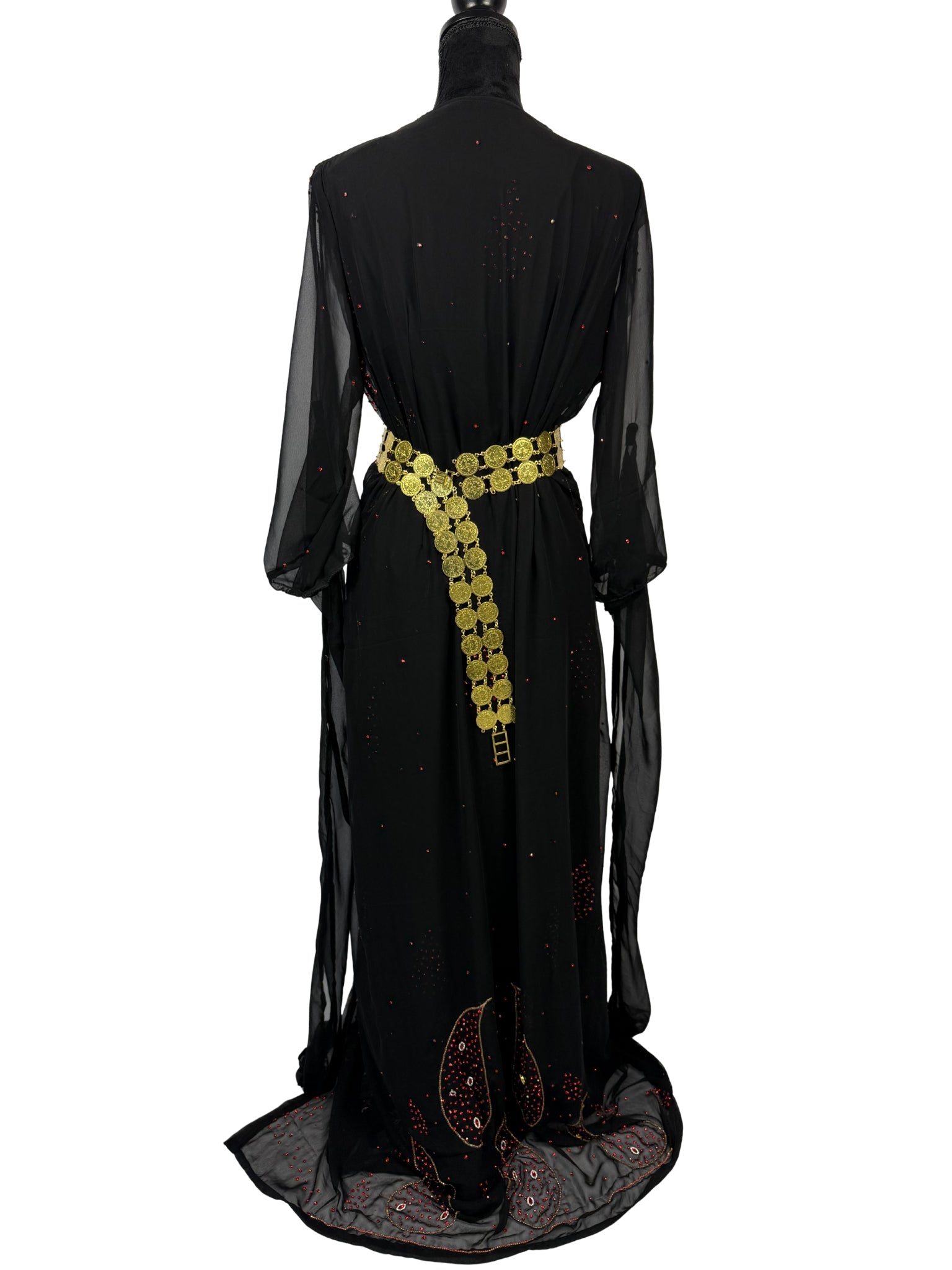 Jilenpiroz Sevin zwarte Koerdische feestjurk met gouden munt-riem – achterkant