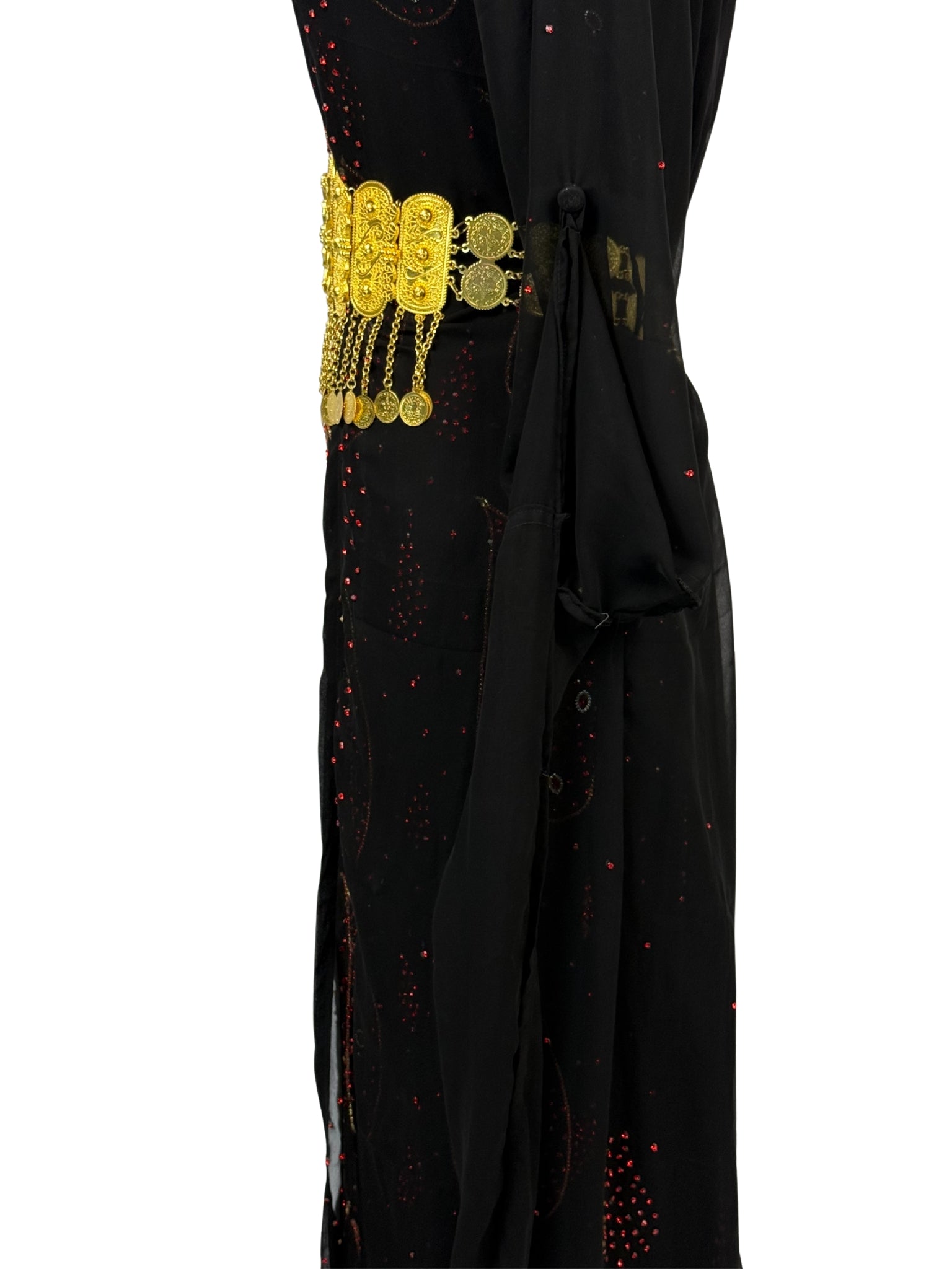 Detail van Jilenpiroz Sevin: glinsterende rode versiering en gouden munt-riem