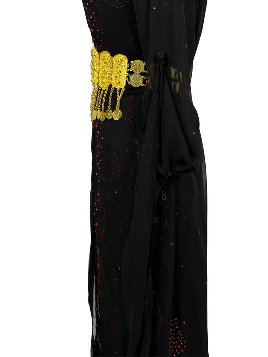 Detail van Jilenpiroz Sevin: glinsterende rode versiering en gouden munt-riem