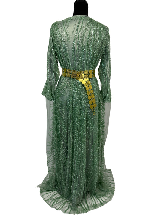 Jilenpiroz Sewz smaragdgroene Koerdische feestjurk met gouden munt-riem – achterkant