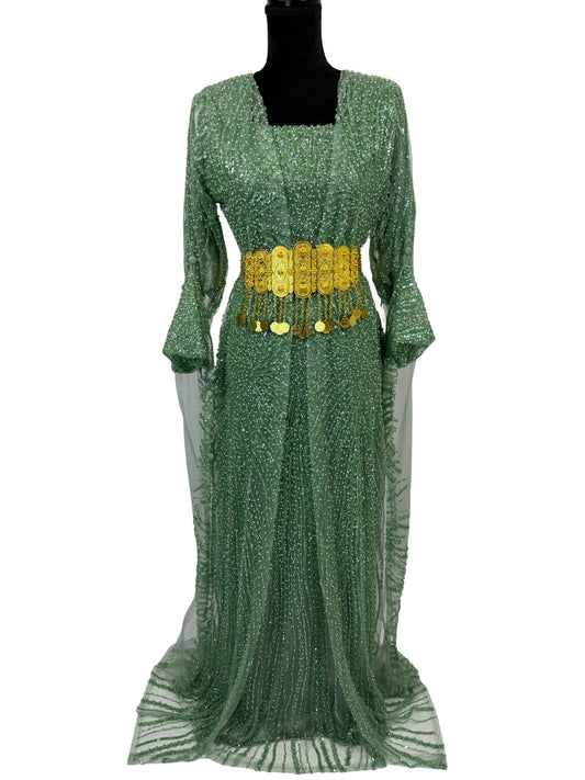 Jilenpiroz Sewz smaragdgroene Koerdische feestjurk met gouden munt-riem – voorkant