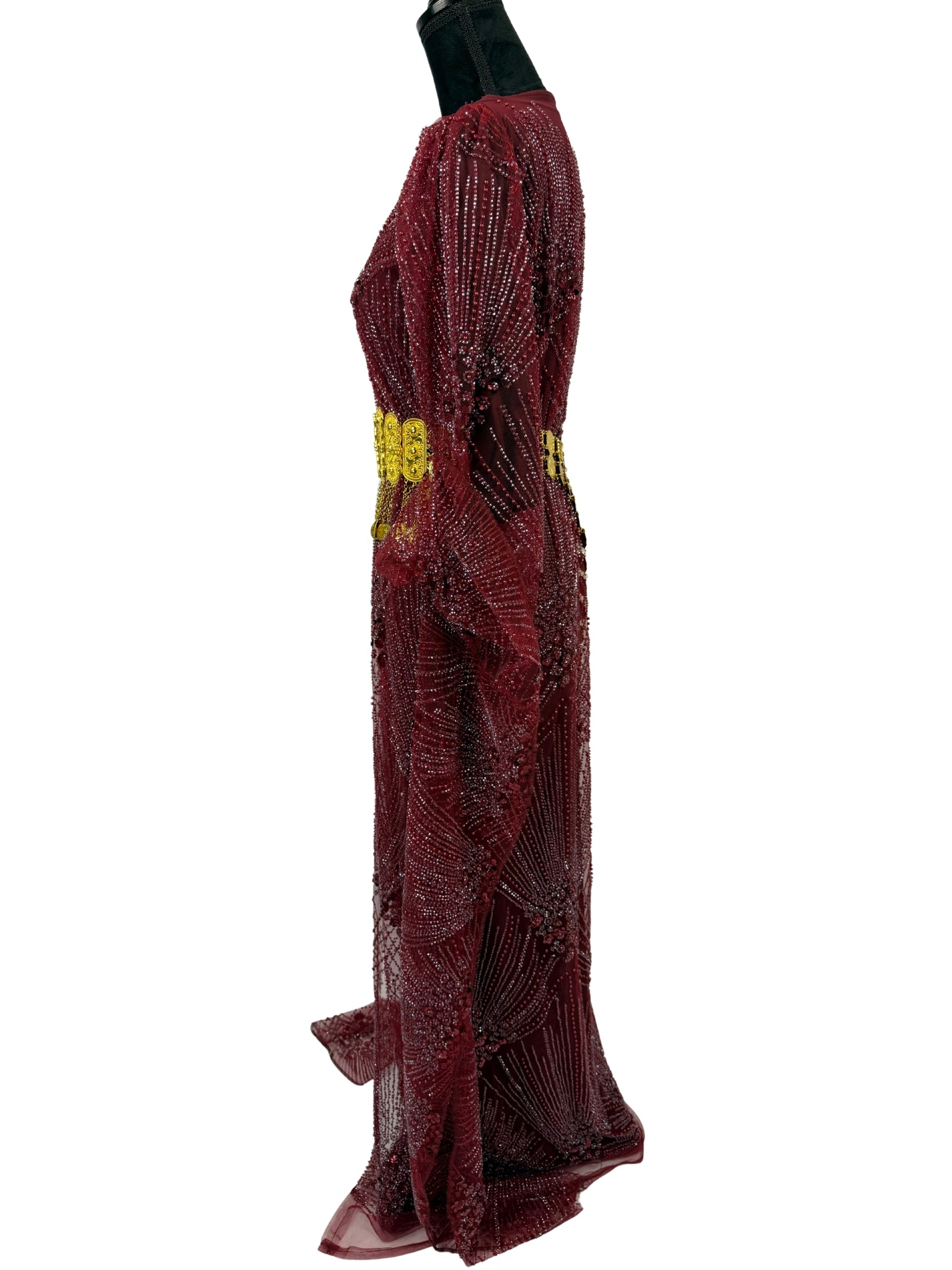 Jilenpiroz Xizil bordeaux Koerdische feestjurk met lange mouwen – zijkant