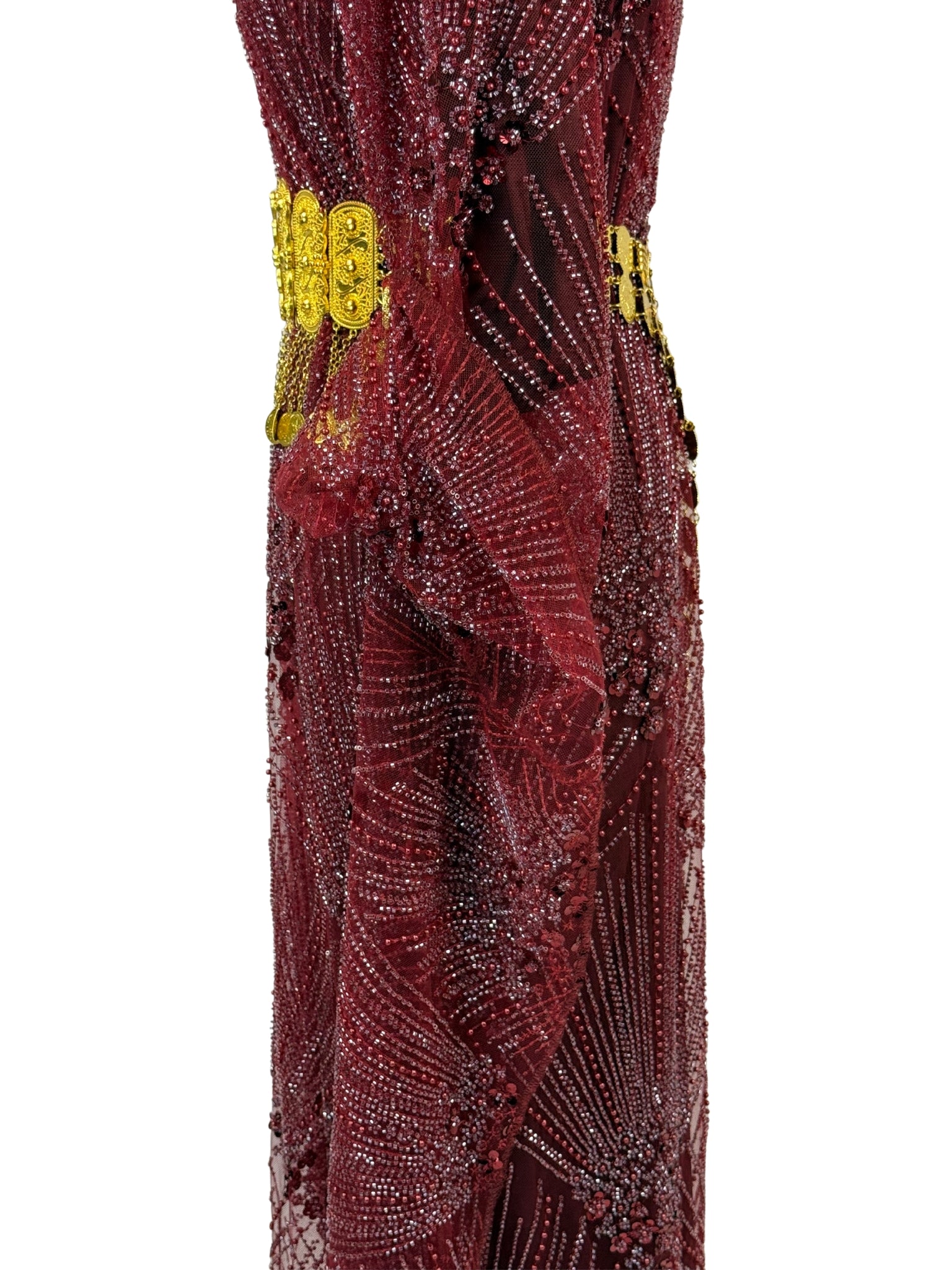 Jilenpiroz Xizil bordeaux Koerdische feestjurk met kralen – voorkant