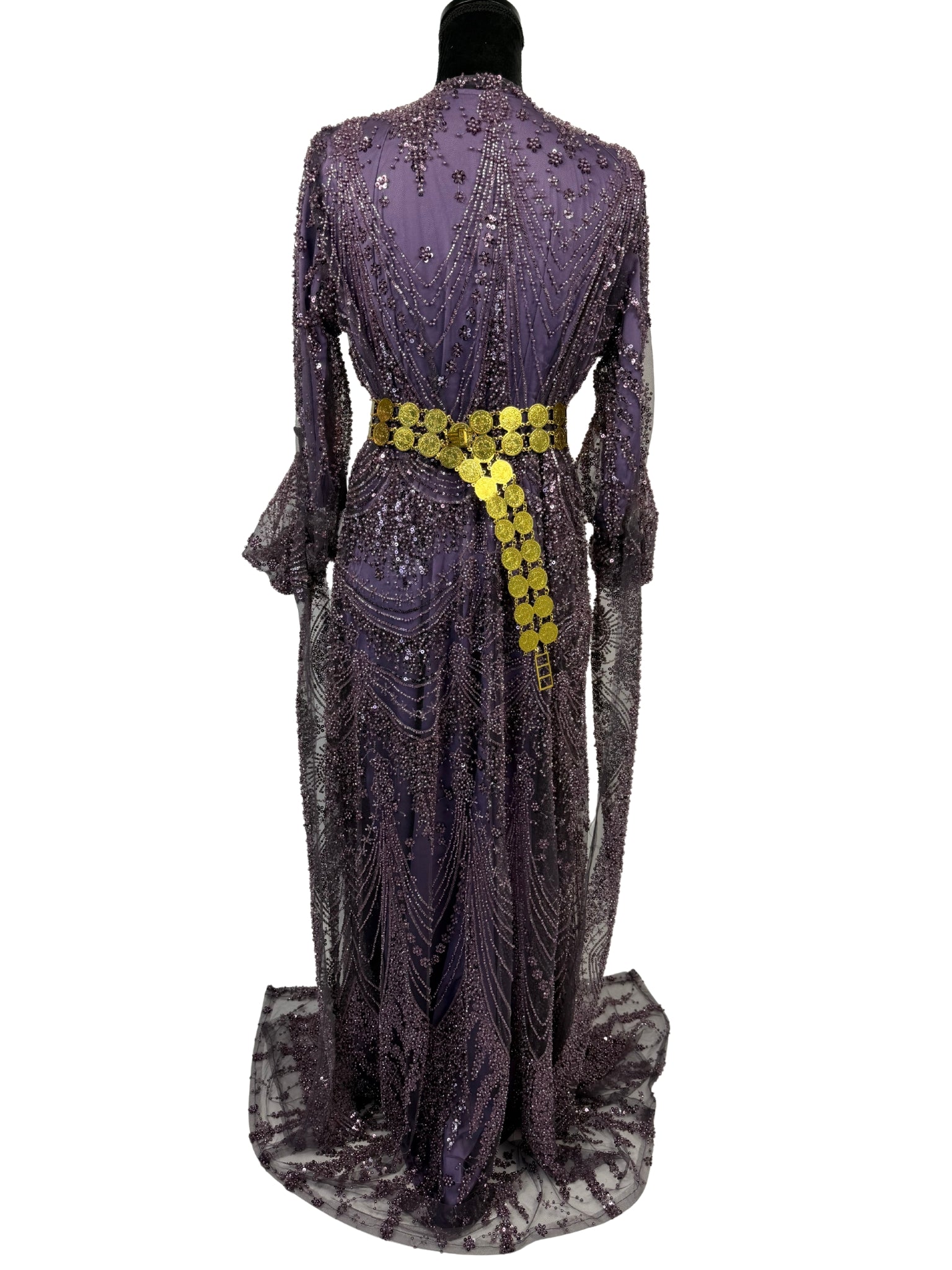 Jilenpiroz Zara paarse Koerdische feestjurk met gouden munt-riem – achterkant