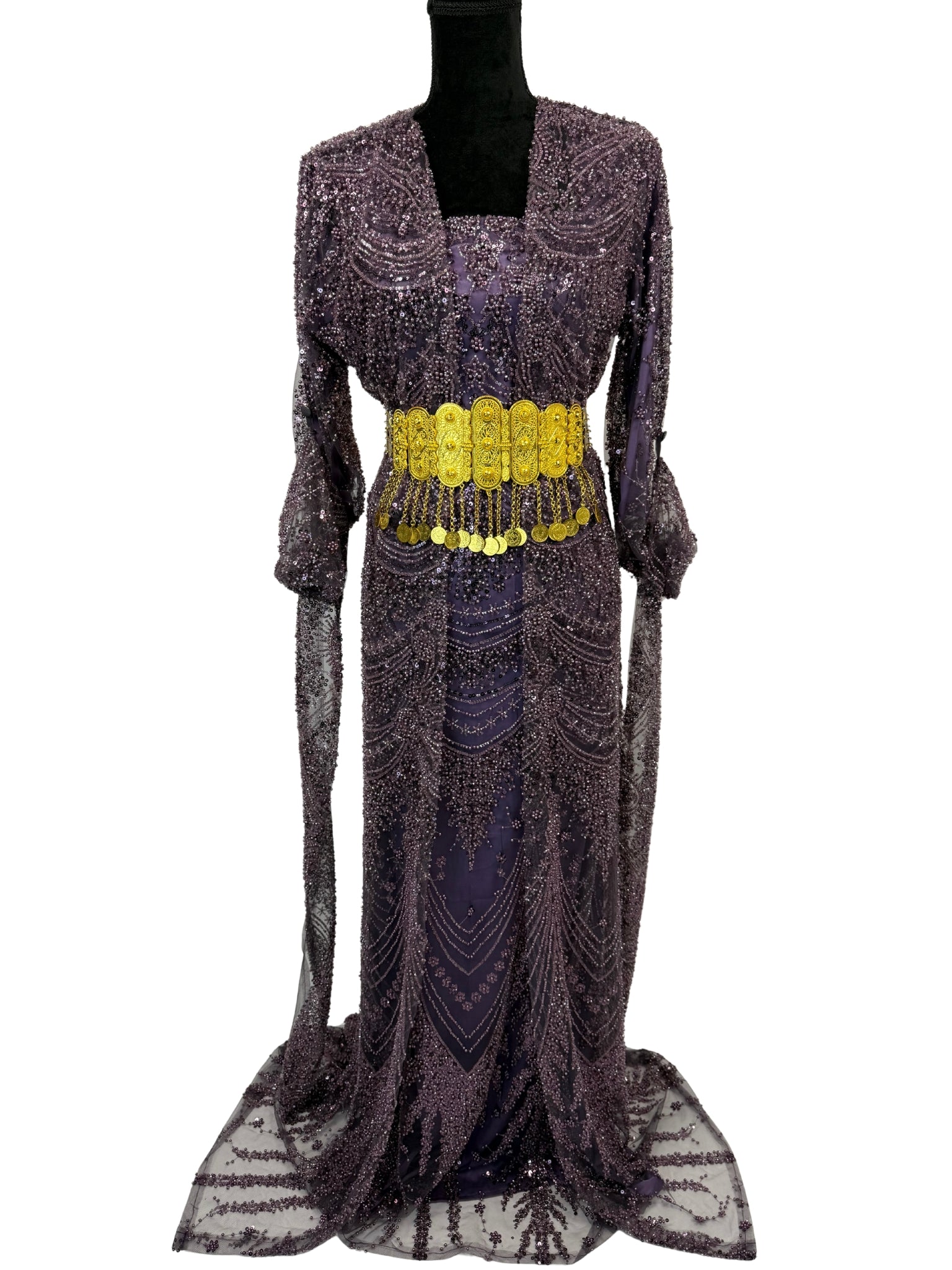 Jilenpiroz Zara paarse Koerdische feestjurk met gouden munt-riem – voorkant