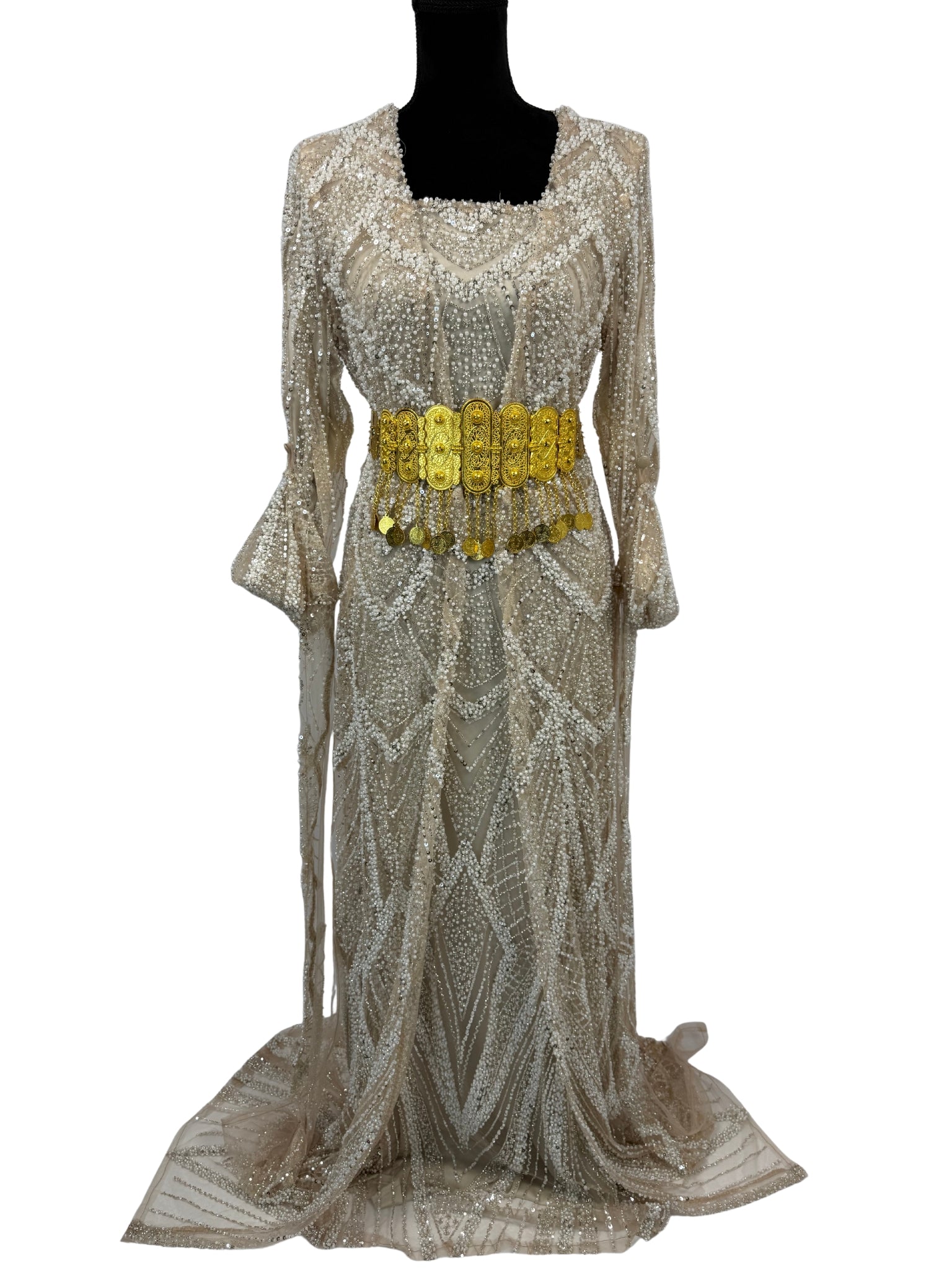 Jilenpiroz Zerin champagne Koerdische feestjurk met pailletten – voorkant