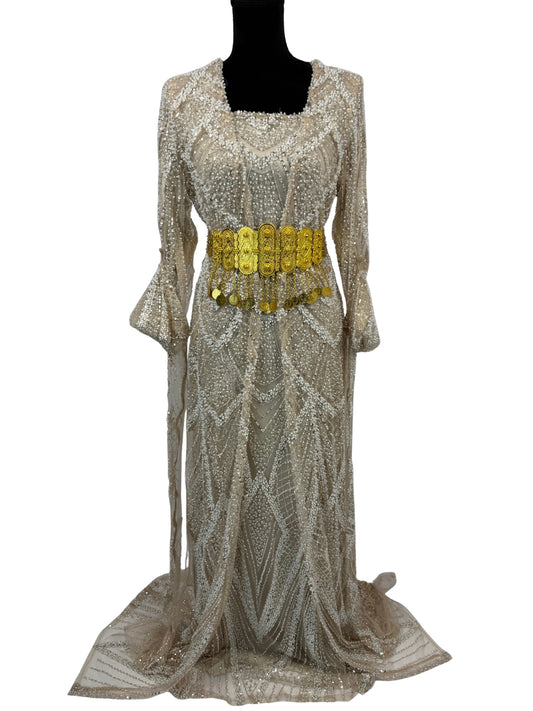 Jilenpiroz Zerin champagne Koerdische feestjurk met pailletten – voorkant