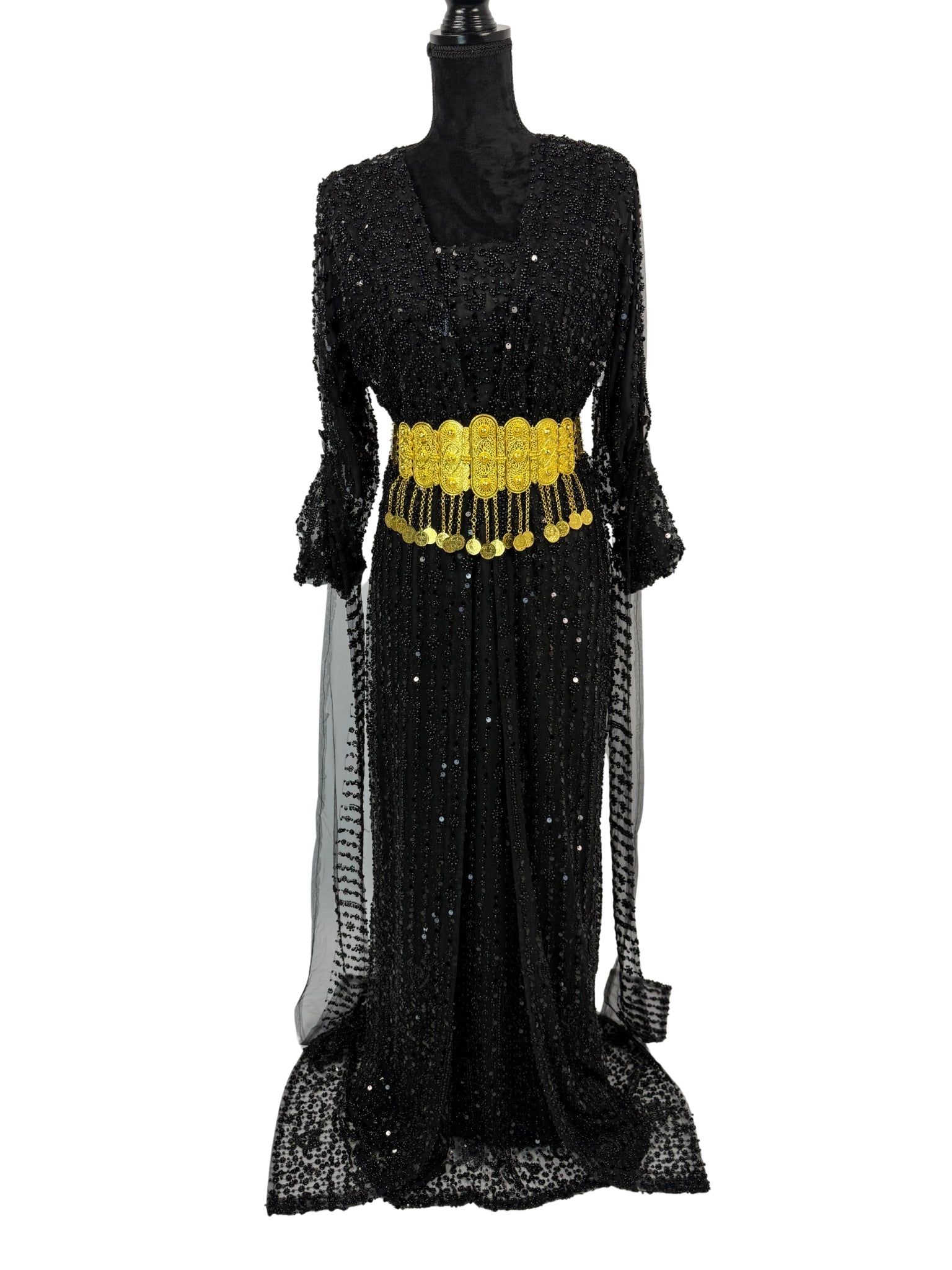 Jilenpiroz Ziv zwarte sev jile kurdi met glinsterende kralen en gouden riem – voorkant