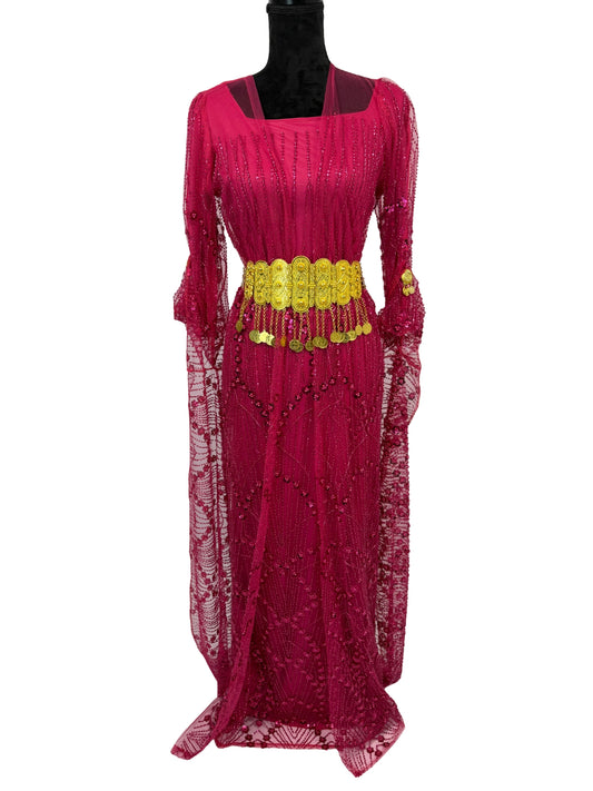 Jilenpiroz Rozin fuchsia Koerdische feestjurk met gouden munt-riem – voorkant