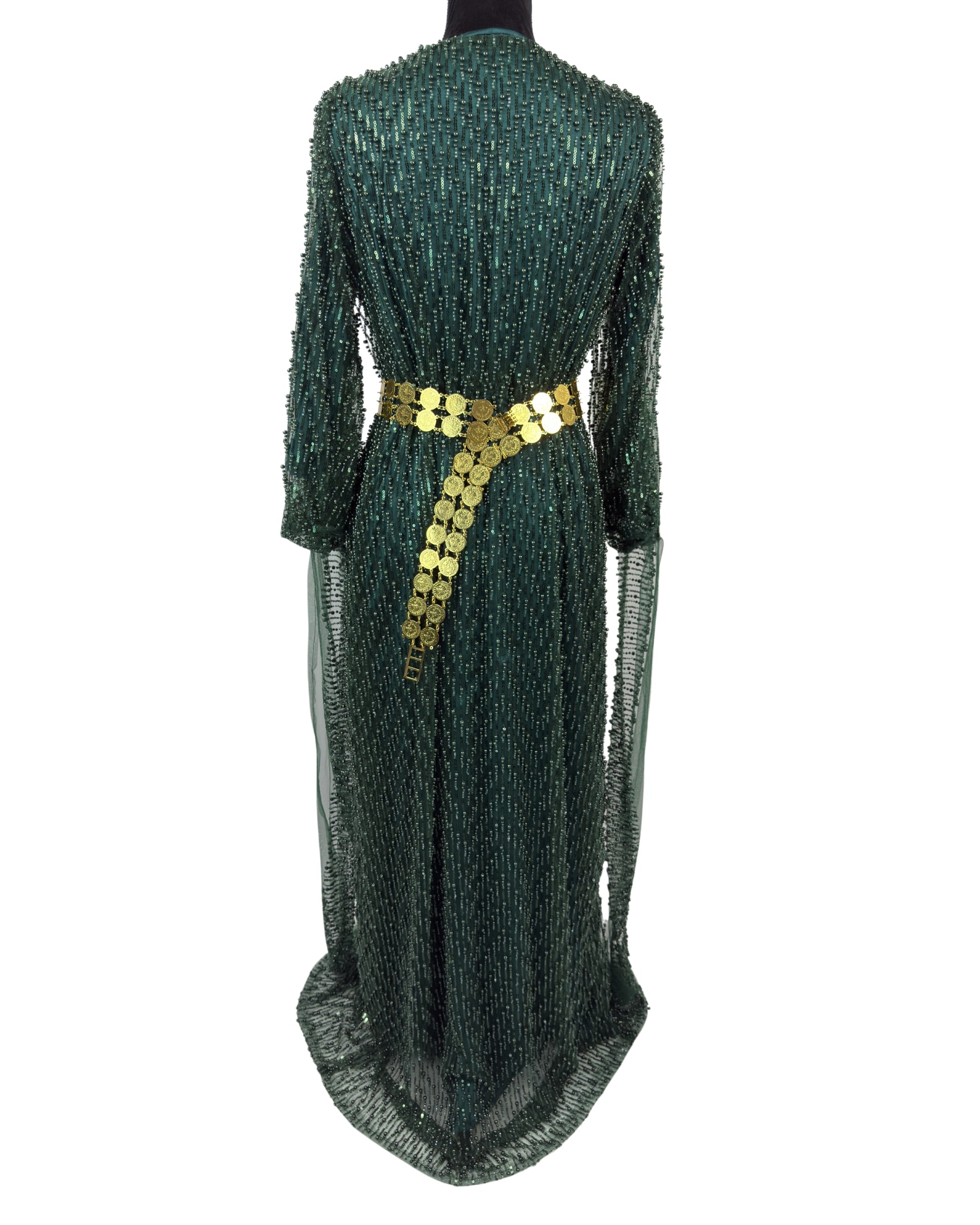 Jilenpiroz Zozan donkergroene Koerdische jurk met gouden riem – achterkant